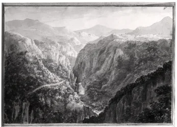 Szene aus dem Gasthaus am Teufelsbrücke mit dem Fall des Rhydal, aus 
