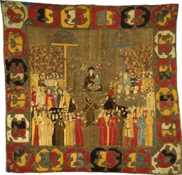 Palmsonntagsprozession in Moskau am 8. April 1498. Zoe Palaiologina mit Töchtern links unten, Iwan III., Elena von Walachei