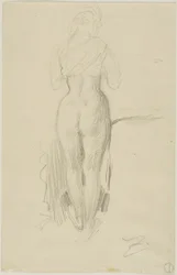 Stehende weibliche Figur von hinten gesehen