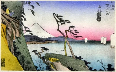 Geographie. Japan. Yui, Blick auf Fuji, schneebedeckt, von Satta-toge, mit Blick auf die Saruga-Bucht. (17. Station). Holzschnitt von Hiroshige in: Dreiundfünfzig Stationen des Tokaido (1833-1834). Postkarte, Japan, ca. 1900