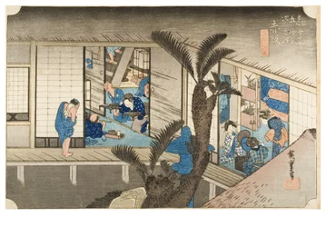 Akasaka: Gasthaus mit Bedienungen aus der Serie Die dreiundfünfzig Stationen des Tokaido, um 1831-1834