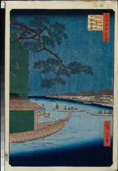 Der Kiefernbaum des Erfolgs und Oumayagashi am Asakusa-Fluss (Hundert berühmte Ansichten von Edo)