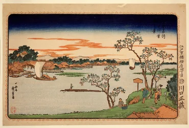 Kirschbäume am Sumida-Fluss, aus der Serie Berühmte Orte in der östlichen Hauptstadt, ca. 1831 (Farbholzschnitt)