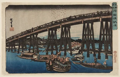 Abendkühle an der Ryōgoku-Brücke genießen (Farbholzschnitt)