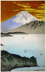 Geographie. Japan. Sonnenaufgang auf dem Berg Fuji. Holzschnitt von Hiroshige in: Dreiundfünfzig Stationen des Tokaido (1833-1834). Postkarte, Japan, ca. 1900