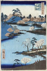 Offener Garten am Fukagawa Hachiman-Schrein, Edo, Japan, Holzschnitt von Ando Hiroshige