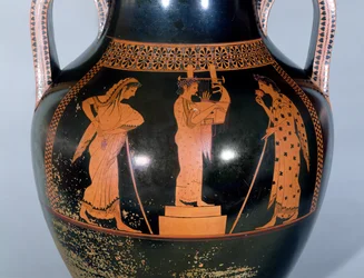 Attische rotfigurige Amphore, die einen Kitharöden bei einem Musikwettbewerb darstellt, ca. 525-520 v. Chr.