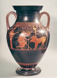 Attische rotfigurige Bauchamphore, die Herakles bei der Gefangennahme von Kerberus zeigt, griechisch, aus Athen, 6. Jahrhundert v. Chr.