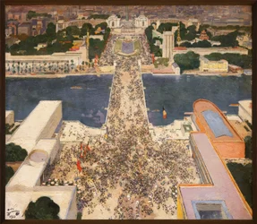 Die internationale Ausstellung 1937 vom zweiten Stock des Eiffelturms aus gesehen, am Fuße des Hügels von Chaillot, die Pavillons der Sowjetunion links und Nazi-Deutschland rechts gegenüber, Gemälde von Andre Devambez (1867-1944)