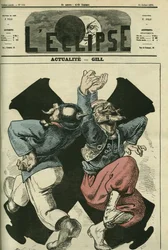 Aktuelles, preußischer Soldat und Franzose tanzen vor den Kanonen des Deutsch-Französischen Krieges. Titelblatt in „L