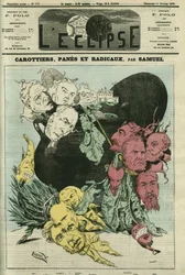 Karotten, Scheiben und Radikale, die verschiedenen politischen Parteien in Gemüse im Topf der Macht. Zeichnung, die den Cartoon von Gill ersetzt, zensiert. Titelblatt in „L