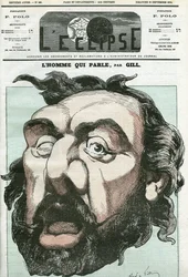 Karikatur von „Der Mann, der spricht“, Leon Gambetta (1838-1882), französischer Politiker. Titelblatt in „L