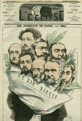 Karikatur des Teams der Zeitung „Le XIXe siècle“, geleitet von Edmont About (1828-?), einem französischen Schriftsteller. Titelblatt in „L
