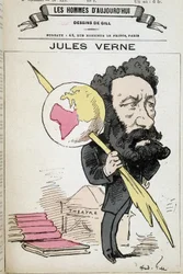 Jules Verne kneift die Erde an seinen Stift - von Gill, in „Die Männer von heute“
