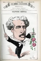 Porträt von Olivier Metra (1830-1889), französischer Schauspieler und populärer Komponist. Karikatur von Gill, in "Les Homme d