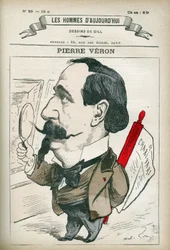 Porträt von Pierre Veron (1831-1900), französischer Schriftsteller und Dichter. Karikatur von Gill, Paris