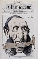 Der Lebkuchenmarkt, ein distinguierter Amateur: Karikatur von Jules Ferry antiklerikal - in „Der kleine Mond“