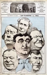 Die Porträts von Léonce, Berthelier, Poppy Cadet, Dupuis, Pradeau und Baron, Theaterautoren. Karikatur von Gill in „L