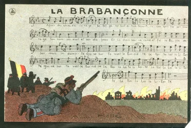 Postkarte, Satirisch in Farben, circa 1915: La brabanconne - Krieg von 14 -18, Belgien, Gesang - Soldaten Illustration von Andre Helle