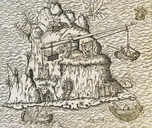 Transporttechnik für Boote auf der Insel Kreta, Gravur aus La Cosmographie Universelle, von Andre Thevet