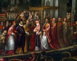 Doge Mocenigo und Patriarch Trevisan begrüßen Heinrich III. im Jahr 1574 am Lido