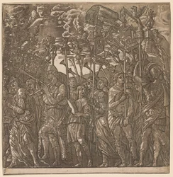 Der Triumph von Julius Caesar: Soldaten tragen Banner und Standarten, 1593-99