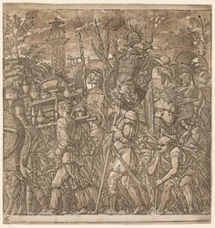 Der Triumph von Julius Caesar: Soldaten tragen Vasen und Kriegstrophäen