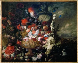 Vase de fleurs et fruits dans un paysage