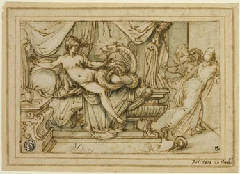 Olympias, Mutter von Alexander, besucht von Zeus in Gestalt einer Schlange