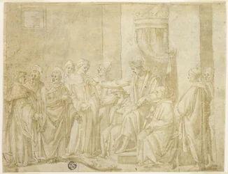 Die Apostel Petrus und Paulus streiten mit Simon Magus vor Nero (recto); Fünf Szenen aus der Geschichte von Moses (verso)