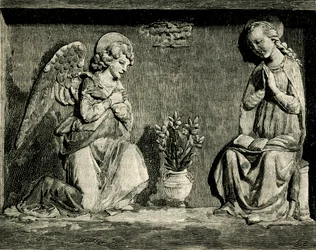 Verkündigung, von Andrea Della Robbia (1435-1525 oder 1528), Oratorium der Madonna del Buon Consiglio, Prato, Toskana, Italien, Holzschnitt aus Le cento città d