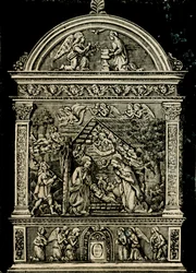Geburt Christi, Terrakotta-Altarbild von Andrea della Robbia, aus der Kirche der Heiligen Klara, Städtisches Museum von Sansepolcro, Toskana, Italien, Holzschnitt aus Le cento città d