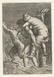 Mann trägt Frau auf seinem Rücken und ein Satyr