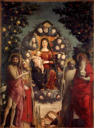 Trivulzio-Altarbild „Die Heilige Konversation“ Die Jungfrau und Jesus Christus in einer Mandorla, umgeben von Heiligen