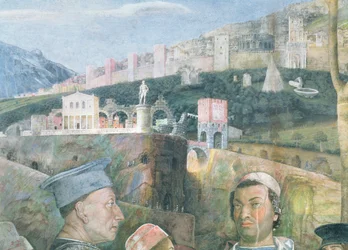 Ankunft von Kardinal Francesco Gonzaga; Detail des Hintergrunds mit idealisierter Ansicht von Rom, aus der Camera degli Sposi oder Camera Picta (Detail)