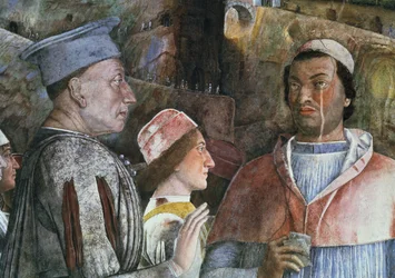 Marchese Ludovico Gonzaga III von Mantua begrüßt seinen Sohn Kardinal Francesco Gonzaga, aus der Camera degli Sposi oder Camera Picta (Detail)