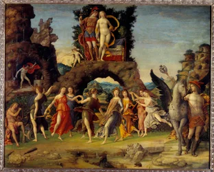 Mars und Venus oder Der Parnass. Gemälde mit Mars und Venus auf dem Felsen, Pegasus und Merkur, Apollo und den neun Musen Kalliope (epische Dichtung), Klio (Geschichte), Erato (Lyrik), Euterpe (Musik), Melpomene (Tragödie), Polyhymnia (Rhetorik)