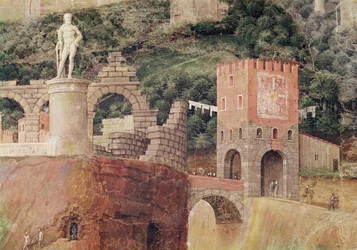 Ankunft von Kardinal Francesco Gonzaga, Detail des Hintergrunds mit idealisierter Ansicht von Rom (Detail)