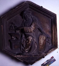 Harmonie, sechseckige dekorative Reliefkachel aus einer Serie, die die sieben freien Künste darstellt, möglicherweise basierend auf Entwürfen von Giotto (ca. 1266-1337) ca. 1334-48