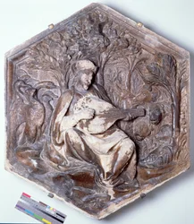 Poesie, sechseckige dekorative Reliefkachel aus einer Serie, die die Sieben Freien Künste darstellt, möglicherweise basierend auf Entwürfen von Giotto, ca. 1334-48