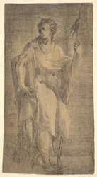 Ein Heiliger, möglicherweise Matthäus, mit einem Stab und einem Buch, ca. 1540-50.