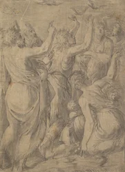 Moses zeigt den Israeliten die Wachteln, das Wunder der Wachteln und des Manna, ca. 1545