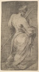 Sankt Jakobus der Ältere, der einen Stab und ein Buch hält, nach rechts blickend, aus Christus und die Apostel, ca. 1548-50