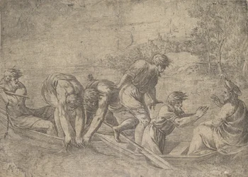 Der wunderbare Fischfang, Christus rechts begleitet von Aposteln, ca. 1548-52