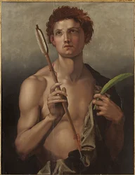 Der heilige Sebastian mit einem Pfeil in der rechten Hand und der Märtyrerpalme in der linken
