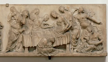 Relief, das den Tod von Francesca Tornabuoni zeigt