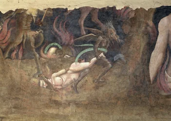 Der Triumph des Todes, Detail eines Teufels, der einen Sünder in die Hölle trägt, 1348