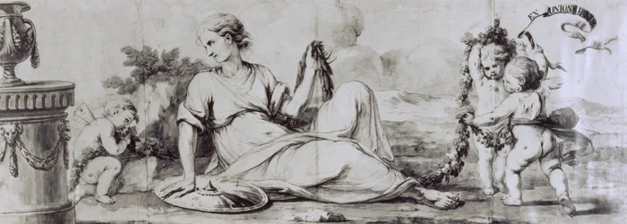 Weibliche Figur mit Putti, allegorische Komposition, ca. 1754, Entwurf von Andrea Appiani (1754-1817) für eine Kommode von Giuseppe Maggiolini, Italien
