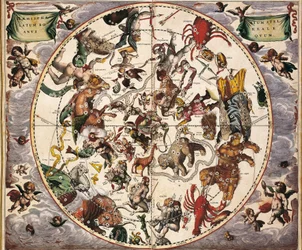 Atlas Coelestis seu Harmonia Macrocosmica. 1661. Fol 24. Hemisphaerium stellatum boreale antiquum. Darstellung der nördlichen Hemisphäre. Gedruckt in Amsterdam von Johannes Janssonius. Frühe Neuzeit. Gravur.