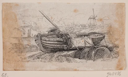 Vignette. Fischerboot an Land gezogen